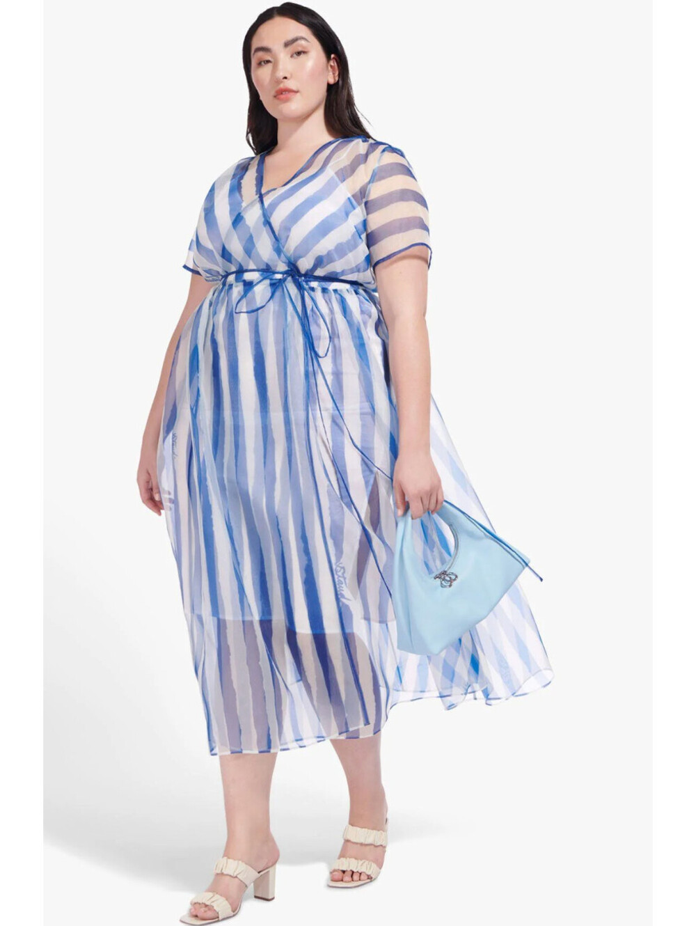 NWT STAUD Filippa Blue White Striped Organza Sheer Wrap Dress Designer XL
